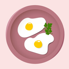 Fried scrambled eggs with greens in a dark purple plate for breakfast in flat style. Vector illustration in flat style.	