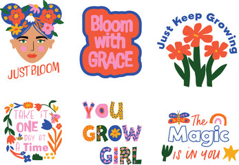 Cute set of colorful matisse style spring illustrations of floral motifs and positive slogans. Graphic for print on T-shirt, Cards, Poster, Greeting card, sticker. 