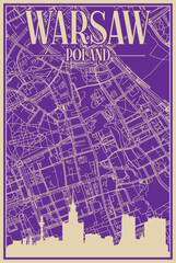 Purple hand-drawn framed poster of the downtown WARSAW, POLAND with highlighted vintage city skyline and lettering