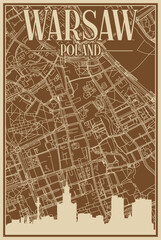 Brown hand-drawn framed poster of the downtown WARSAW, POLAND with highlighted vintage city skyline and lettering