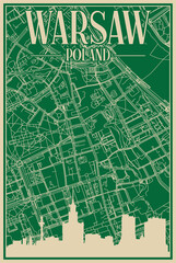 Green hand-drawn framed poster of the downtown WARSAW, POLAND with highlighted vintage city skyline and lettering