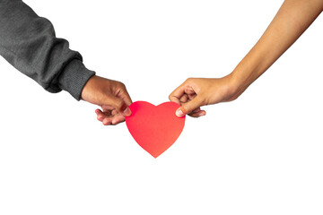 two hands holding heart. couple holding red love shape