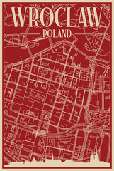 Red hand-drawn framed poster of the downtown WROCLAW, POLAND with highlighted vintage city skyline and lettering