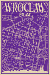 Purple hand-drawn framed poster of the downtown WROCLAW, POLAND with highlighted vintage city skyline and lettering