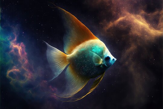 angel fish flies in space with a gaseous galaxy
in background illustration generative ai