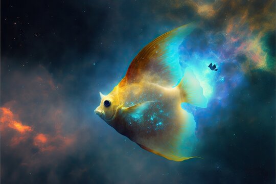 angel fish flies in space with a gaseous nebula
in background illustration generative ai