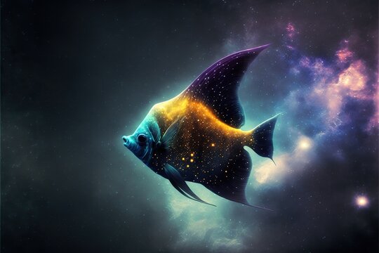 angel fish flies in space with a galaxy in background illustration generative ai
