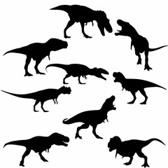 Vector silhouettes of triceratops or T-rex, brontosaurus or pterodactyl and stegosaurus, pteranodon or ceratosaurus and parasaurolophus reptile © KBL Sungkid