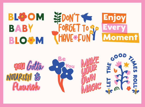 Cute set of colorful matisse style spring illustrations of floral motifs and positive words. Perfect for print on T-shirt, Cards, Poster, Greeting card, sticker. 