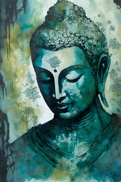 Buddha watercolor painting, Canvas and kittle painting, Mediation in nature. Asia golden statue