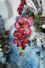 a very elegant arrangement of red orchid and red anthurium flower decorations