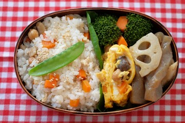 Japanese Lunch box on the table cloth	