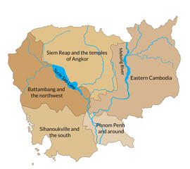 Map of Cambodia regions. Phnom Penh and around, Battambang and the northwest, Siem Reap and the temples of Angkor, Eastern Cambodia, Sihanoukville and the south and border countries. 