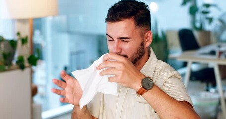 Sick, covid and man sneezing with a tissue with a virus, cold or flu in a work office. Allergy, sneeze and employee withh corona, illness or disease while working in a workspace at a startup