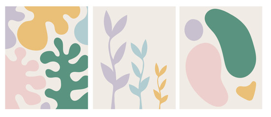 collection of modern simple abstractions with colored geometric shapes (drawn by hand) and plants on a beige background in pastel colors