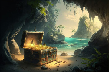 Naklejka premium treasure with gold and jewelry in pirate island. generative ai