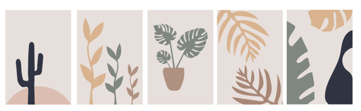 collection of modern simple abstractions in boho style with colored plants (mostera, cactus, palm leaves) on a beige background in pastel colors