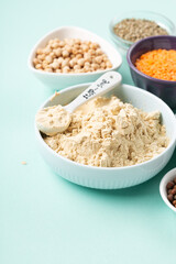Healthy Dry Pea Protein Powder and Plant Based Protein Food (legumes, lentils, beans, seeds) on Blue Green Background.