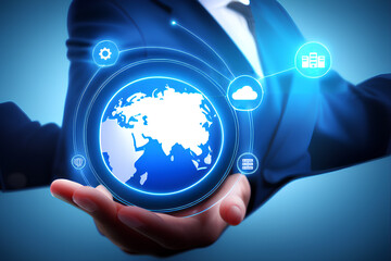 A business man holding an hologram of the world  representing the connection between virtual machines and computers with the cloud computing technology.
