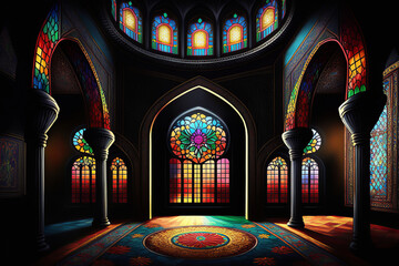 Fototapeta na wymiar Mosque Interior colorful for celebration, Ramadam Kareem, Eid Greetings, Generative Ai
