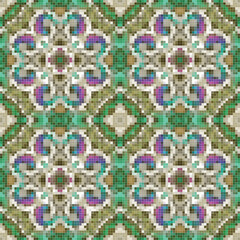 Mediterranean mosaic seamless pattern design, Repeat textile design. 