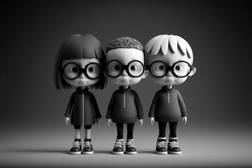 Fototapeta premium Children friendship. Three kids, boys and girl, in black and white. Friends, school class mates. Generative AI