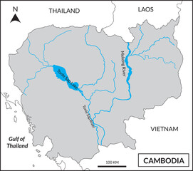 Map of Cambodia includes  Mekong River basin and Tonle Sap Lake. 