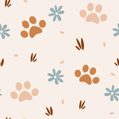 cute pastel colored paw seamless vector pattern background illustration with daisy flowers	