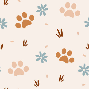 cute pastel colored paw seamless vector pattern background illustration with daisy flowers	