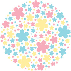桜シルエットで埋め尽くされた円形フレームのイラスト（ピンク・水色・黄色）