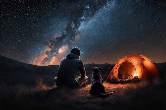 camping under starry night sky Milky way watching. man and dog next to tent in national park. Star gazing.illustration generative ai