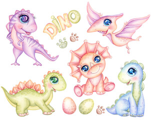 Cute Baby Dinosaurs watercolor illustration. Set colorful hand painted Dino Pterodactyl, Triceratops, Stegosaurus, Brontosaurus, Raptor, Tyrannosaurus for nursery,  png file on transparent background - 567319202