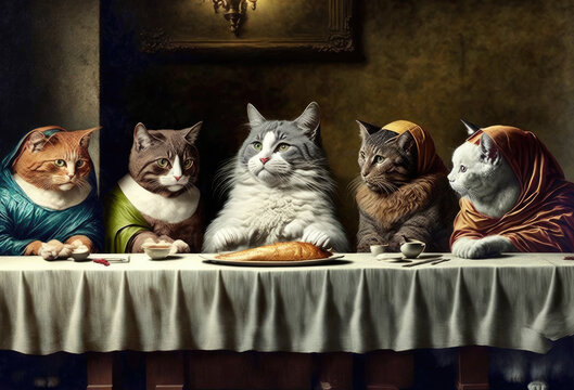 Fototapeta Last supper scene with cats. Funny scene with cats gathered around dining table.
