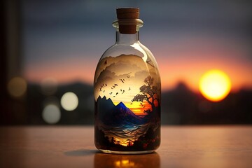 Katsushika Hokusai style in a bottle, sunset