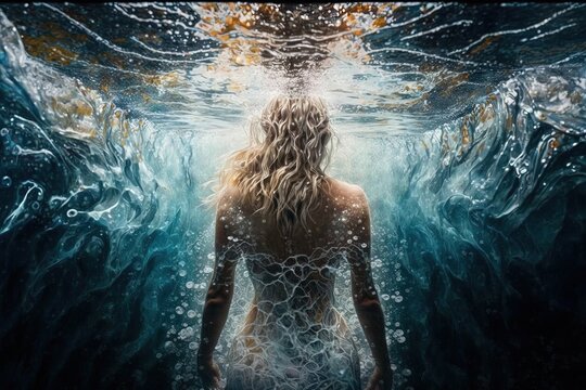 beautiful woman swimming in liquid diamonds view from the back illustration generative ai