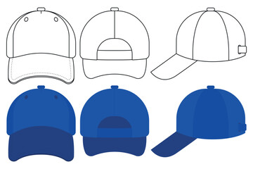 Baseball Cap Side Front Back View Line And Flat