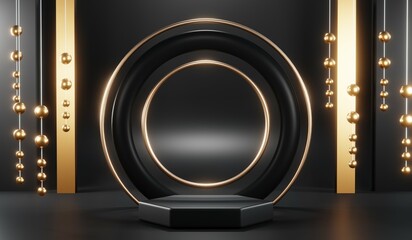 Fototapeta premium 3d render of abstract realistic studio room with Luxury round pedestal stand podium with golden glitter in shape backdrop. Luxury black friday sale scene for product display presentation background