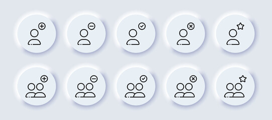 Man with button set icon. Plus, minus, star, gear, dollar, clock, tick, cross, pointer. Add, delete, favorites, settings, time, protection. Neomorphism style. Vector line icon for Advertising