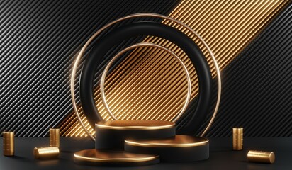 3d render of abstract realistic studio room with Luxury round pedestal stand podium with golden glitter in shape backdrop. Luxury black friday sale scene for product display presentation background