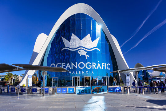 Valencia, Spain - January 19, 2023: L Oceanografic of the Valencia -  oceanarium building at sunny day. Spain