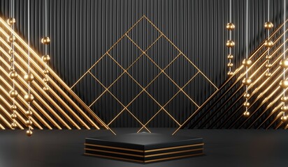 3d render of abstract realistic studio room with Luxury round pedestal stand podium with golden glitter in shape backdrop. Luxury black friday sale scene for product display presentation background