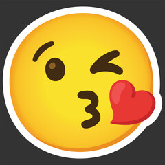 Face Blowing a Kiss vector icon. Isolated yellow face winking with puckered lips blowing a kiss, depicted as a small, red heart. Goodbye, good night, kiss sign sticker. 