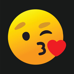 Face Blowing a Kiss vector icon. Isolated yellow face winking with puckered lips blowing a kiss, depicted as a small, red heart. Goodbye, good night, kiss sign sticker. 