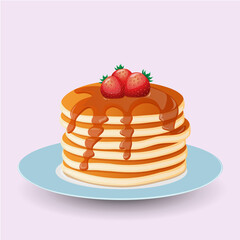 Pancakes with strawberries and syrup on a blue flat plate. Flat design vector illustration.