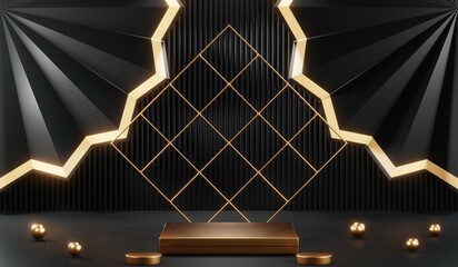 3d render of abstract realistic studio room with Luxury round pedestal stand podium with golden glitter in shape backdrop. Luxury black friday sale scene for product display presentation background