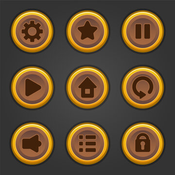 Icons set for isometric game elements, colorful isolated vector illustration of Gold circle frame button for abstract flat game concept