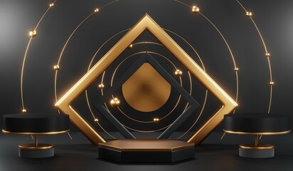 3d render of abstract realistic studio room with Luxury round pedestal stand podium with golden glitter in shape backdrop. Luxury black friday sale scene for product display presentation background