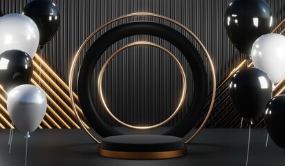 3d render of abstract realistic studio room with Luxury round pedestal stand podium with golden glitter in shape backdrop. Luxury black friday sale scene for product display presentation background