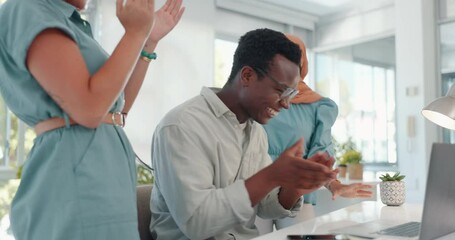 High five, success and excited business people with laptop for win, achievement and work celebration. Teamwork, support and employees happy about goal, target and online promotion with a smile