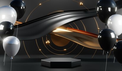 3d render of abstract realistic studio room with Luxury round pedestal stand podium with golden glitter in shape backdrop. Luxury black friday sale scene for product display presentation background